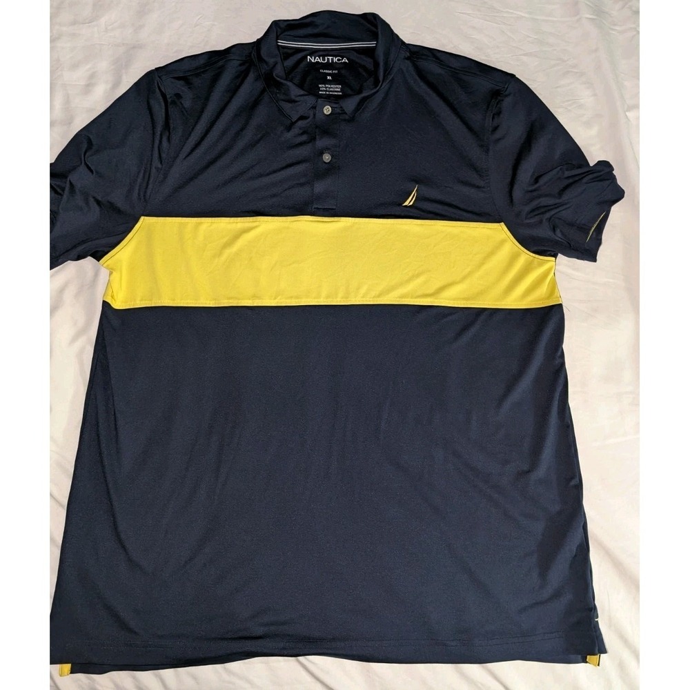 Nautica‎ Mens XL Dark Navy Blue And Yellow Short Sleeve Performance Polo Shirt